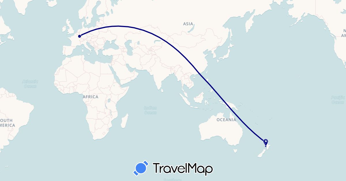 TravelMap itinerary: driving in Germany, France, Hong Kong, New Zealand (Asia, Europe, Oceania)